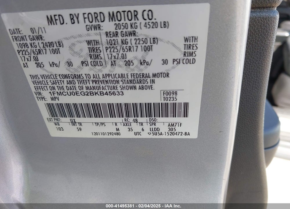 2011 FORD ESCAPE LIMITED VIN: 1FMCU0EG2BKB45633
