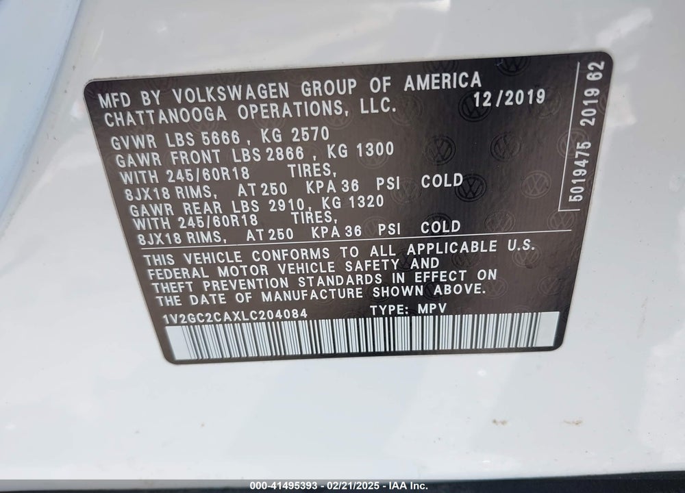 2020 VOLKSWAGEN ATLAS CROSS SPORT 2.0T S VIN: 1V2GC2CAXLC204084