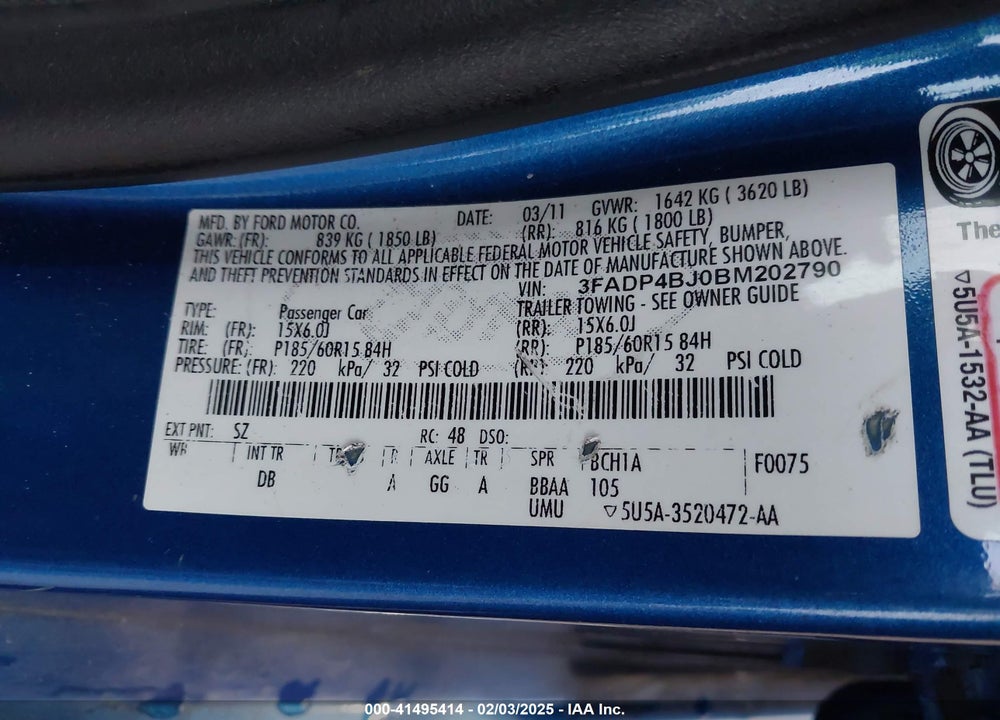 2011 FORD FIESTA VIN: 3FADP4BJ0BM202790