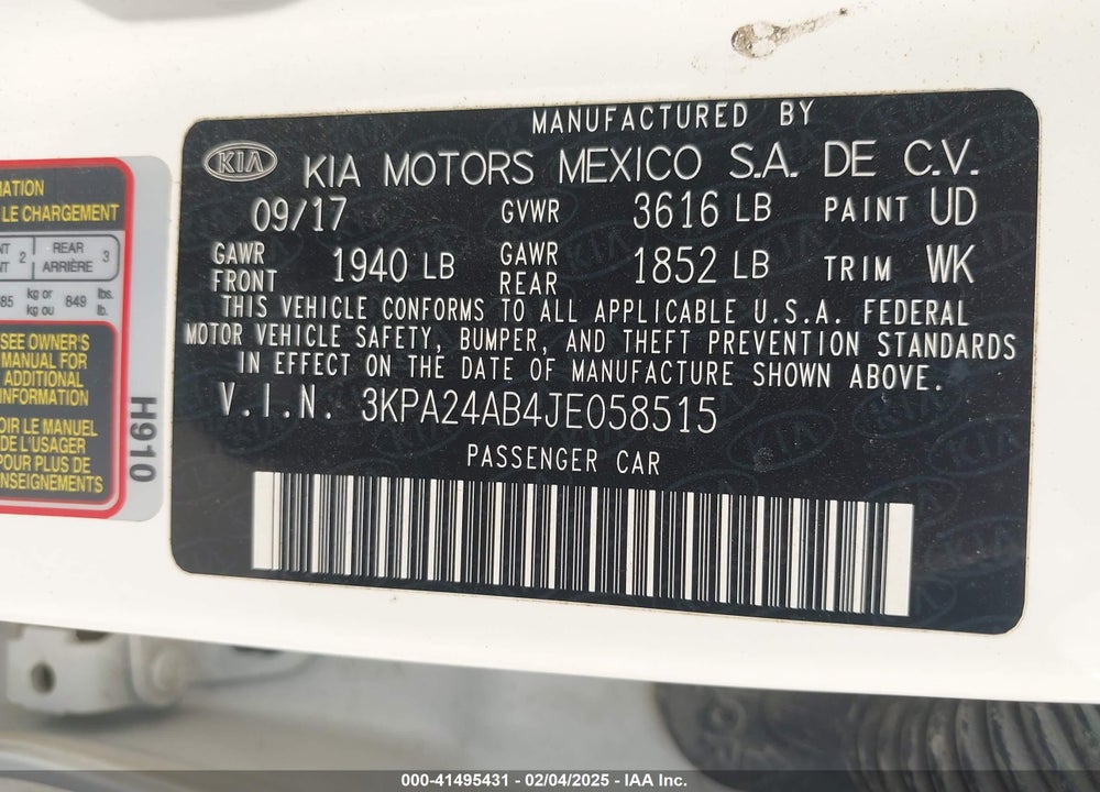2018 KIA RIO VIN: 3KPA24AB4JE058515