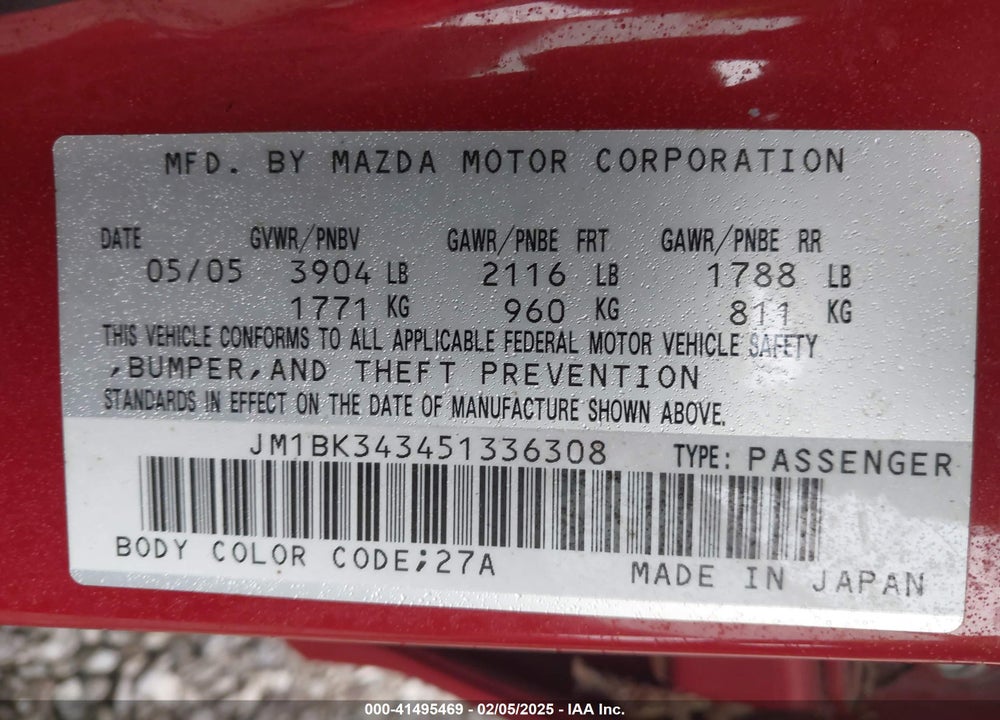2005 MAZDA 3 S VIN: JM1BK343451336308