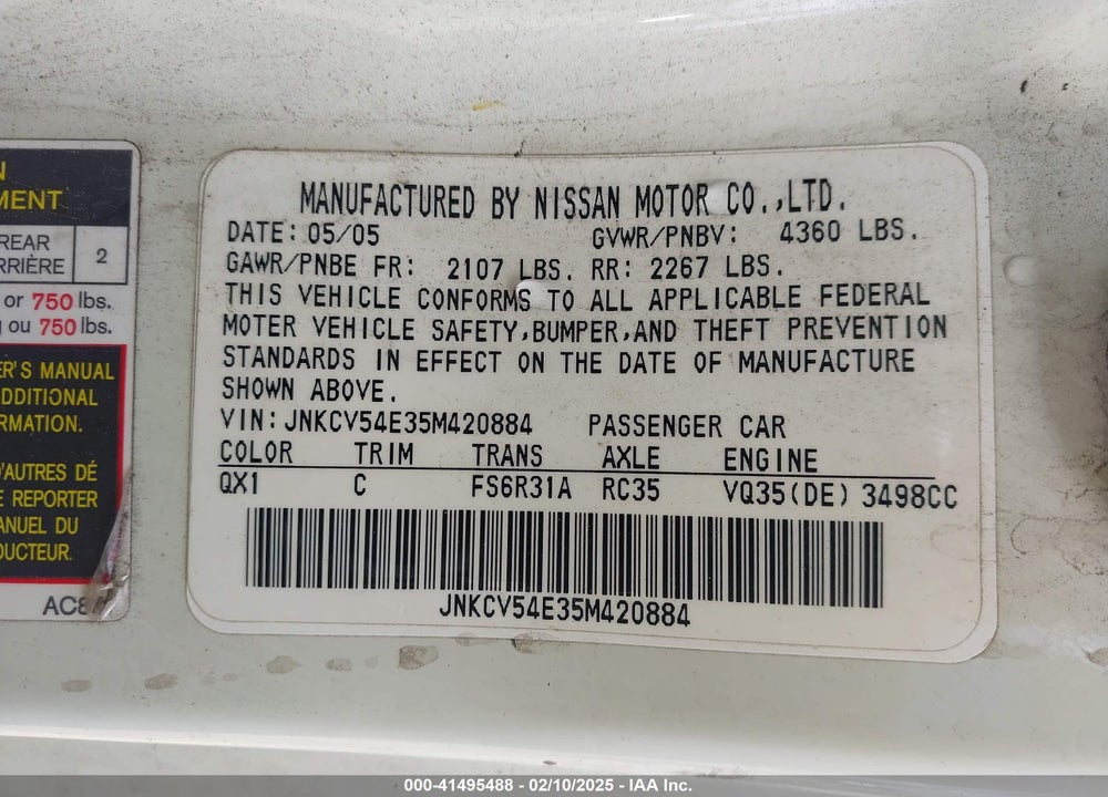 2005 INFINITI G35 VIN: JNKCV54E35M420884