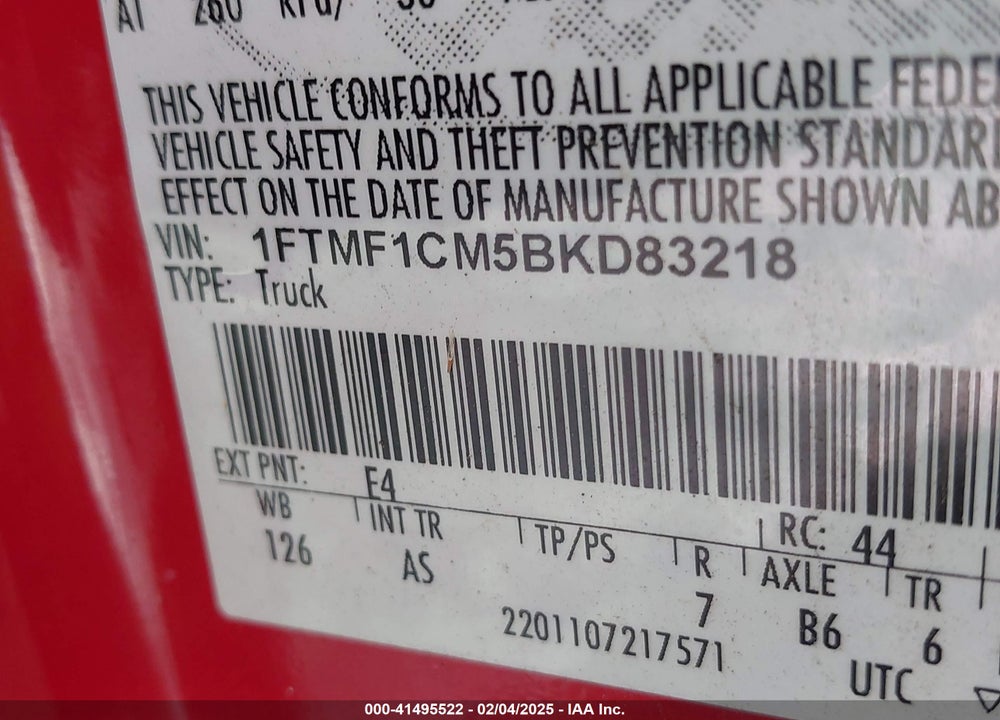 2011 FORD F-150 VIN: 1FTMF1CM5BKD83218