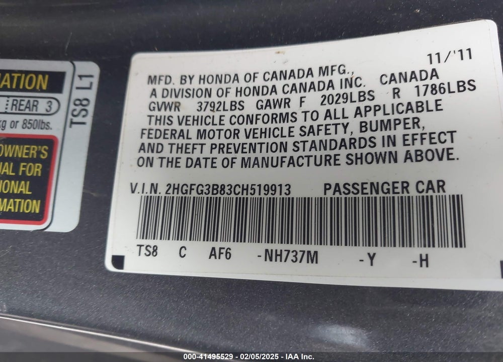 2012 HONDA CIVIC VIN: 2HGFG3B83CH519913