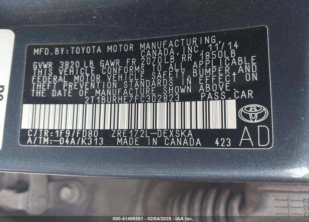 2015 TOYOTA COROLLA VIN: 2T1BURHE7FC302823
