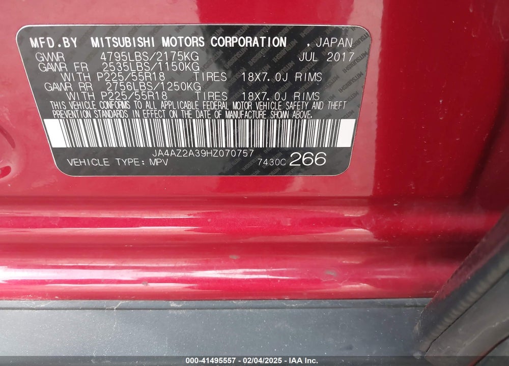 2017 MITSUBISHI OUTLANDER ES VIN: JA4AZ2A39HZ070757