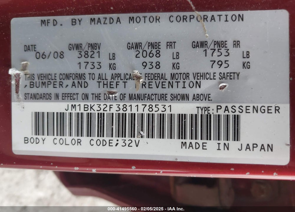 2008 MAZDA MAZDA3 VIN: JM1BK32F381178531