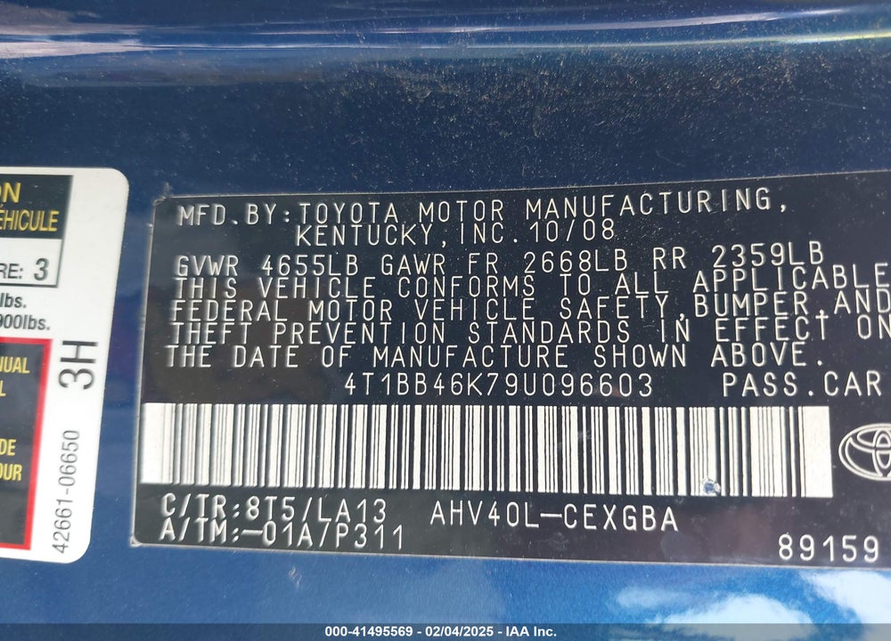 2009 TOYOTA CAMRY HYBRID VIN: 4T1BB46K79U096603