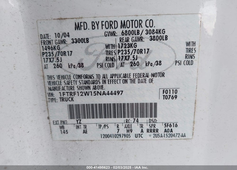 2005 FORD F-150 STX/XL/XLT VIN: 1FTRF12W15NA44497