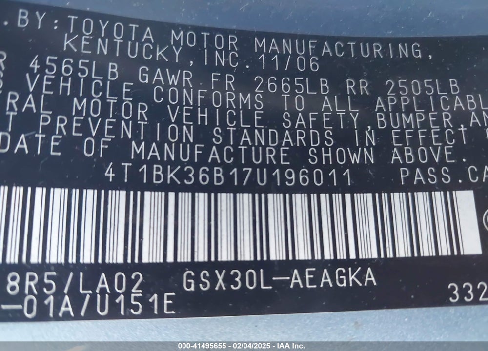 2007 TOYOTA AVALON XLS VIN: 4T1BK36B17U196011