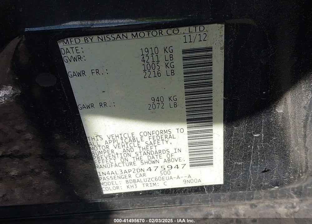2013 NISSAN ALTIMA VIN: 1N4AL3AP2DN475947