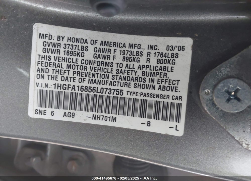 2006 HONDA CIVIC VIN: 1HGFA16856L073755