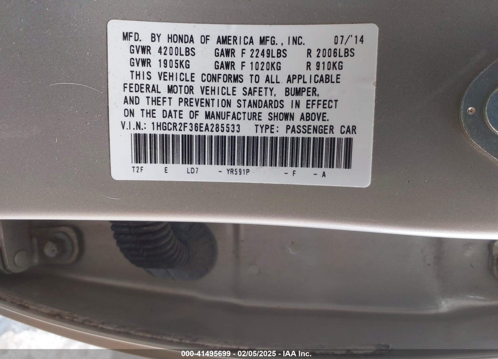 2014 HONDA ACCORD VIN: 1HGCR2F36EA285533
