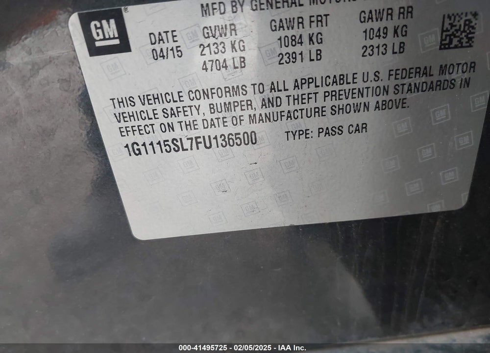 2015 CHEVROLET IMPALA VIN: 1G1115SL7FU136500