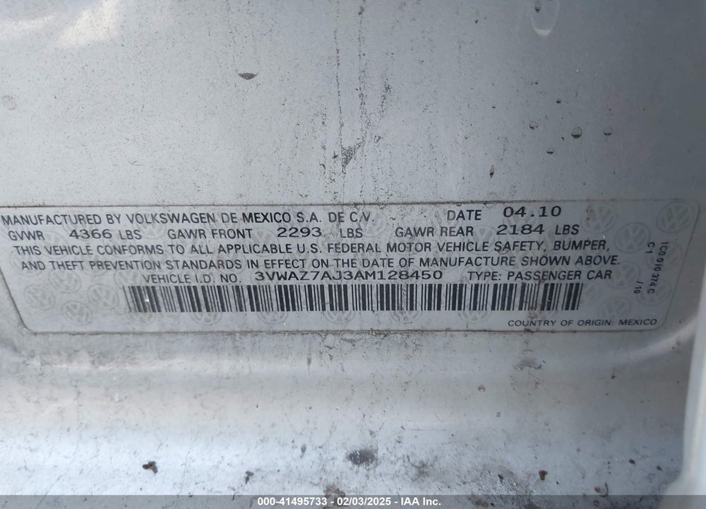 2010 VOLKSWAGEN JETTA VIN: 3VWAZ7AJ3AM128450