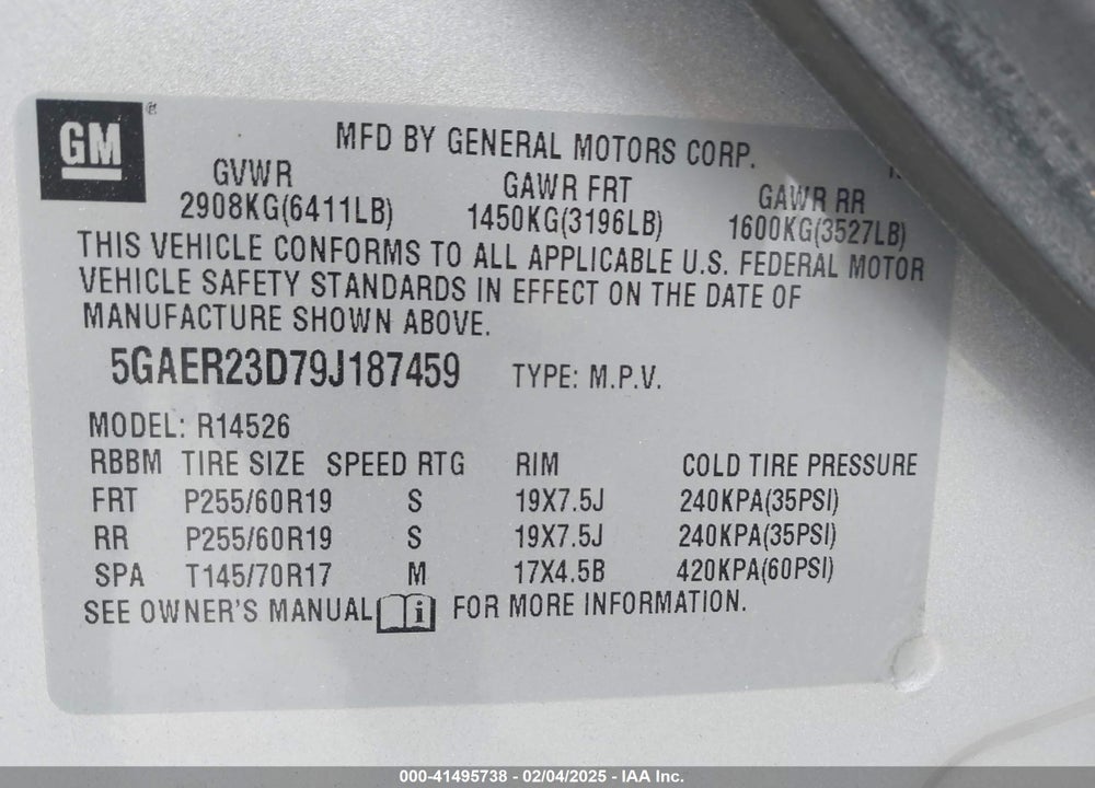 2009 BUICK ENCLAVE VIN: 5GAER23D79J187459