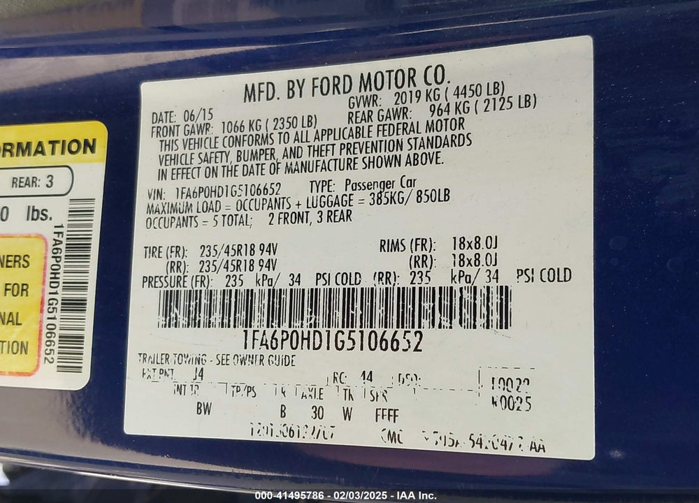 2016 FORD FUSION VIN: 1FA6P0HD1G5106652