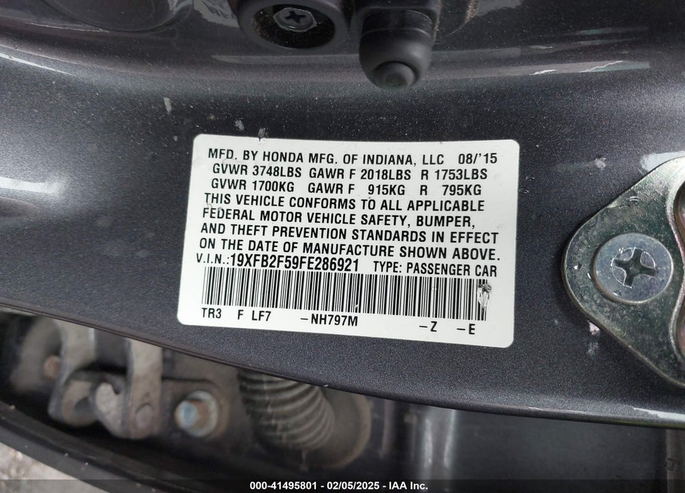 2015 HONDA CIVIC VIN: 19XFB2F59FE286921