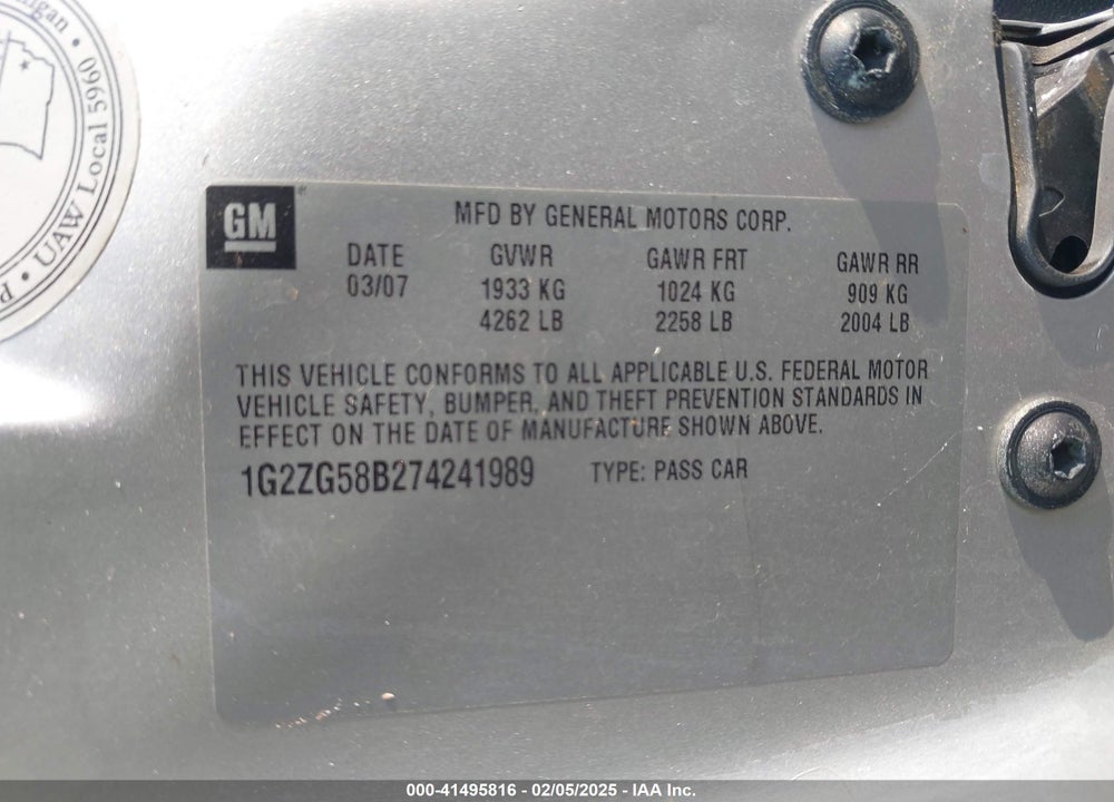2007 PONTIAC G6 VIN: 1G2ZG58B274241989