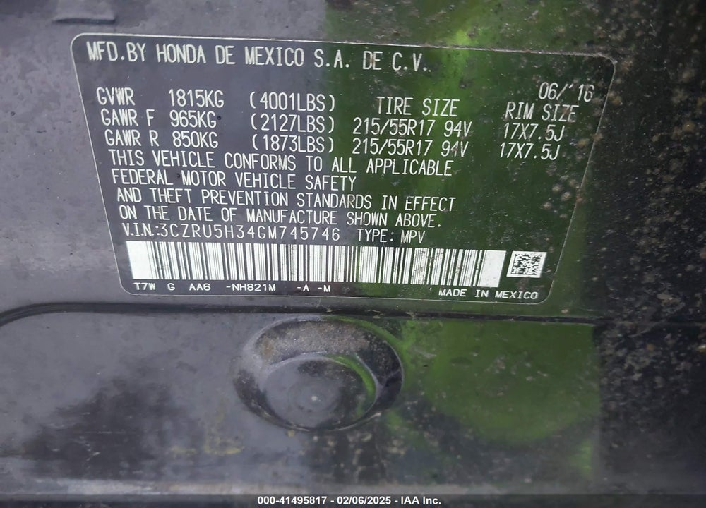 2016 HONDA HR-V VIN: 3CZRU5H34GM745746