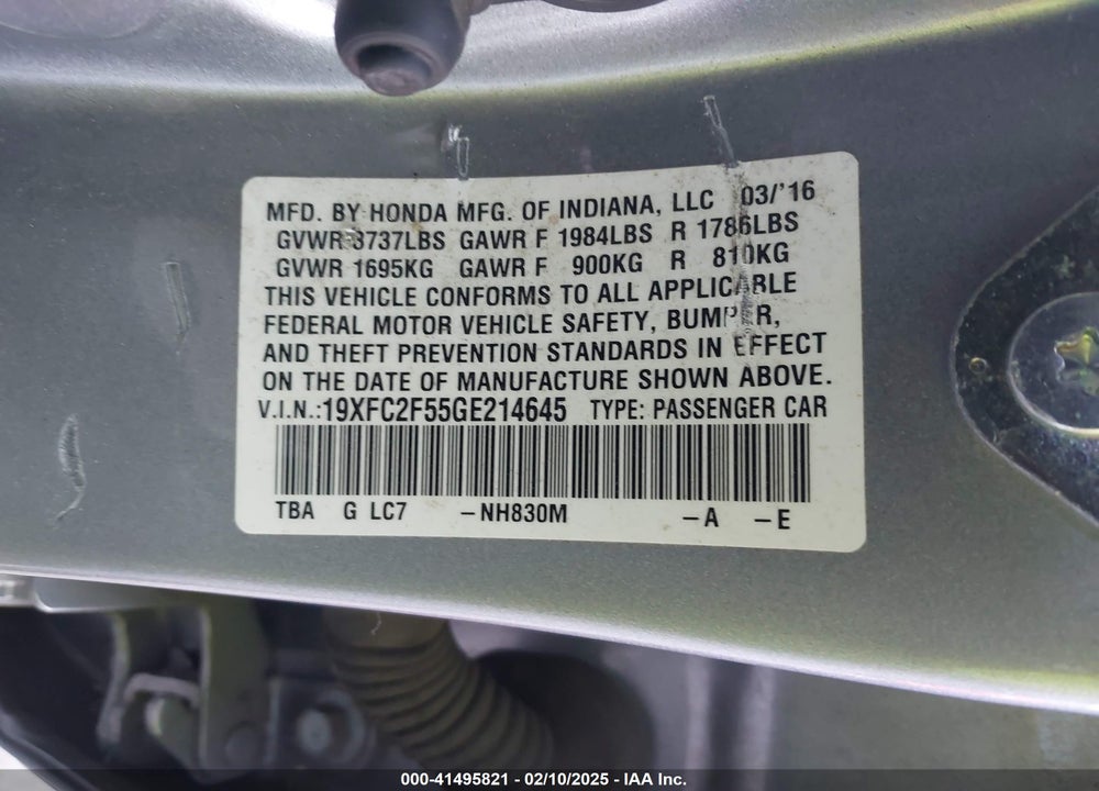 2016 HONDA CIVIC VIN: 19XFC2F55GE214645