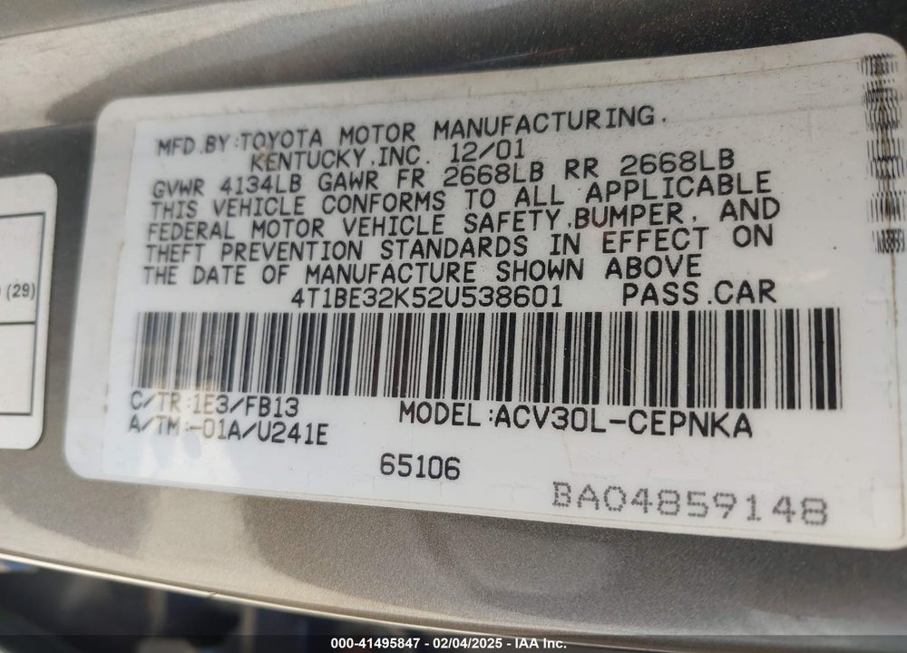 2002 TOYOTA CAMRY LE VIN: 4T1BE32K52U538601