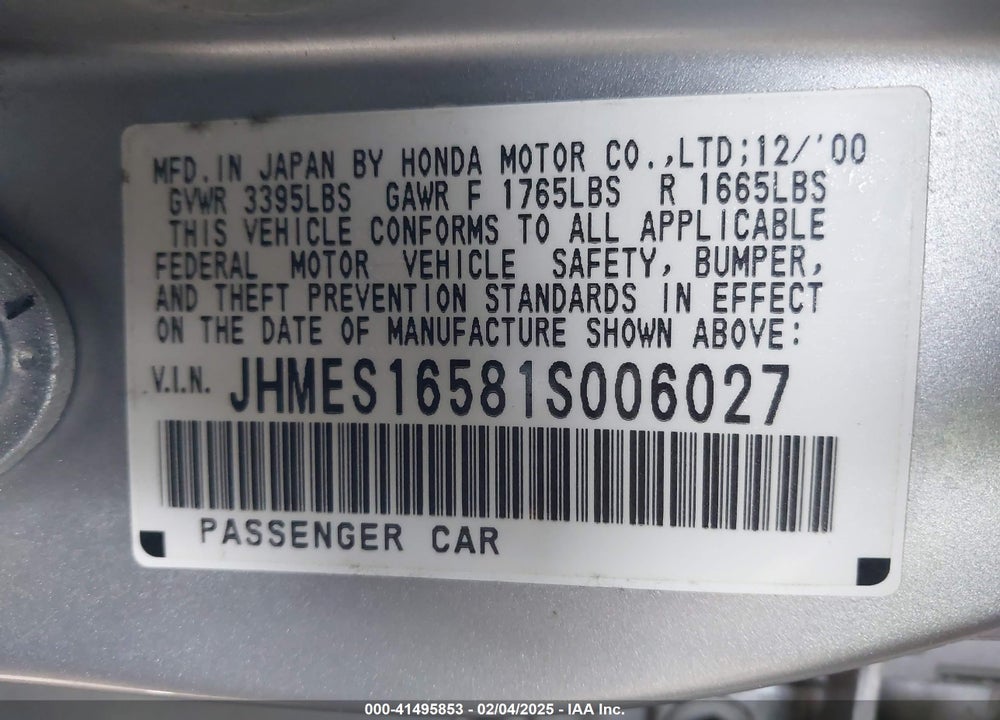 2001 HONDA CIVIC LX VIN: JHMES16581S006027
