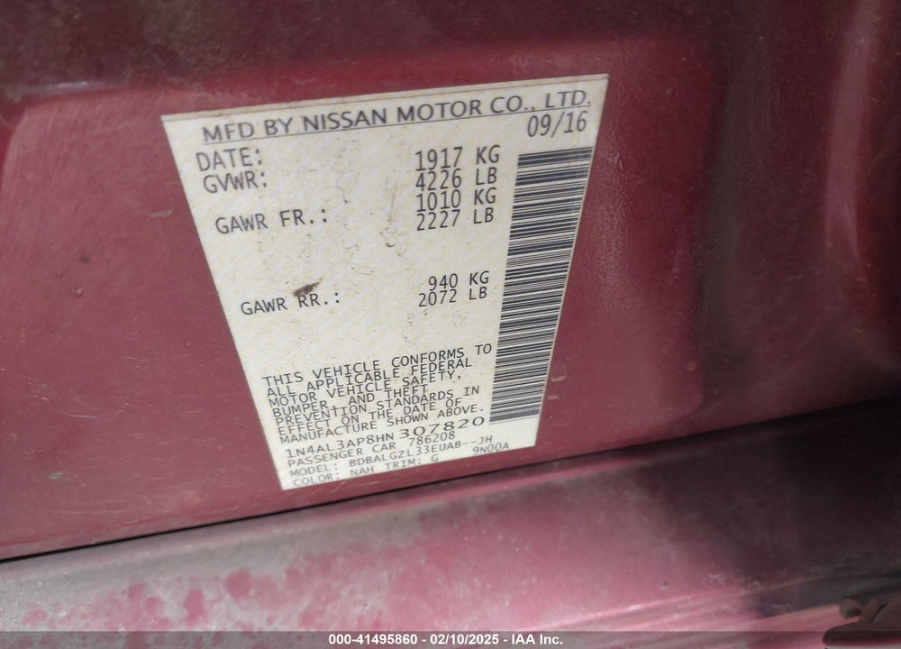 2017 NISSAN ALTIMA VIN: 1N4AL3AP8HN307820