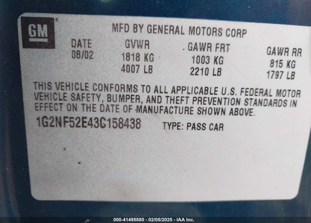 2003 PONTIAC GRAND AM SE1 VIN: 1G2NF52E43C158438
