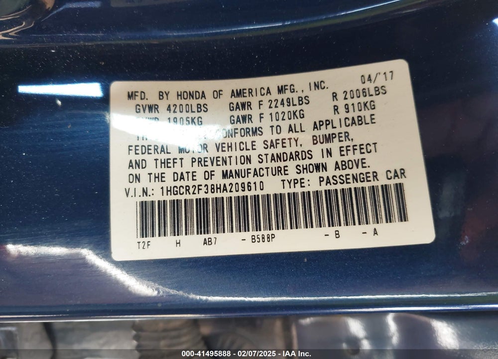 2017 HONDA ACCORD VIN: 1HGCR2F38HA209610