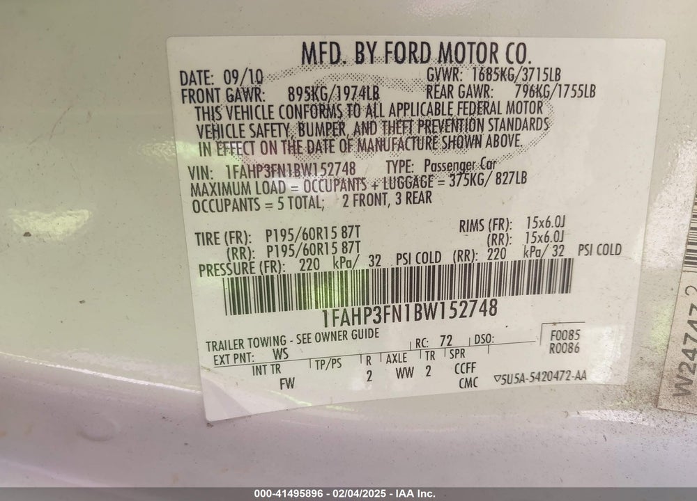 2011 FORD FOCUS SE VIN: 1FAHP3FN1BW152748