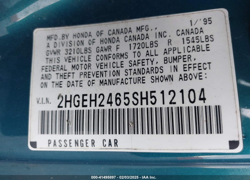 1995 HONDA CIVIC DX VIN: 2HGEH2465SH512104