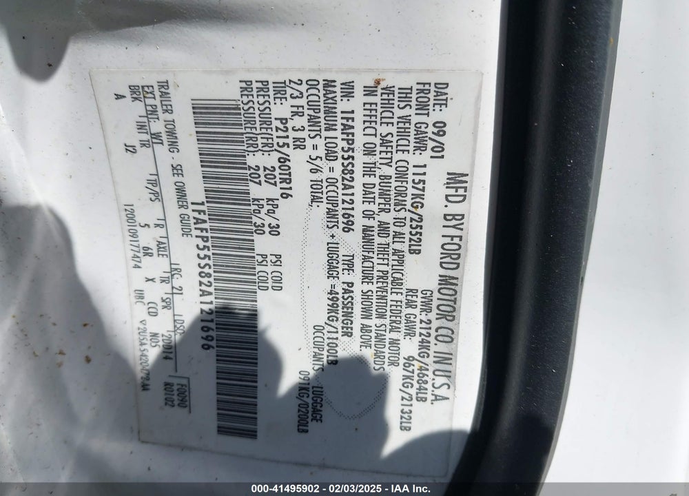 2002 FORD TAURUS SES VIN: 1FAFP55S82A121696