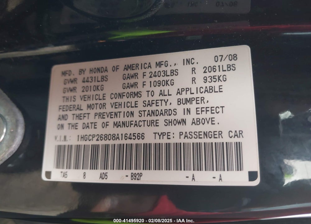 2008 HONDA ACCORD 2.4 EX-L VIN: 1HGCP26808A164566