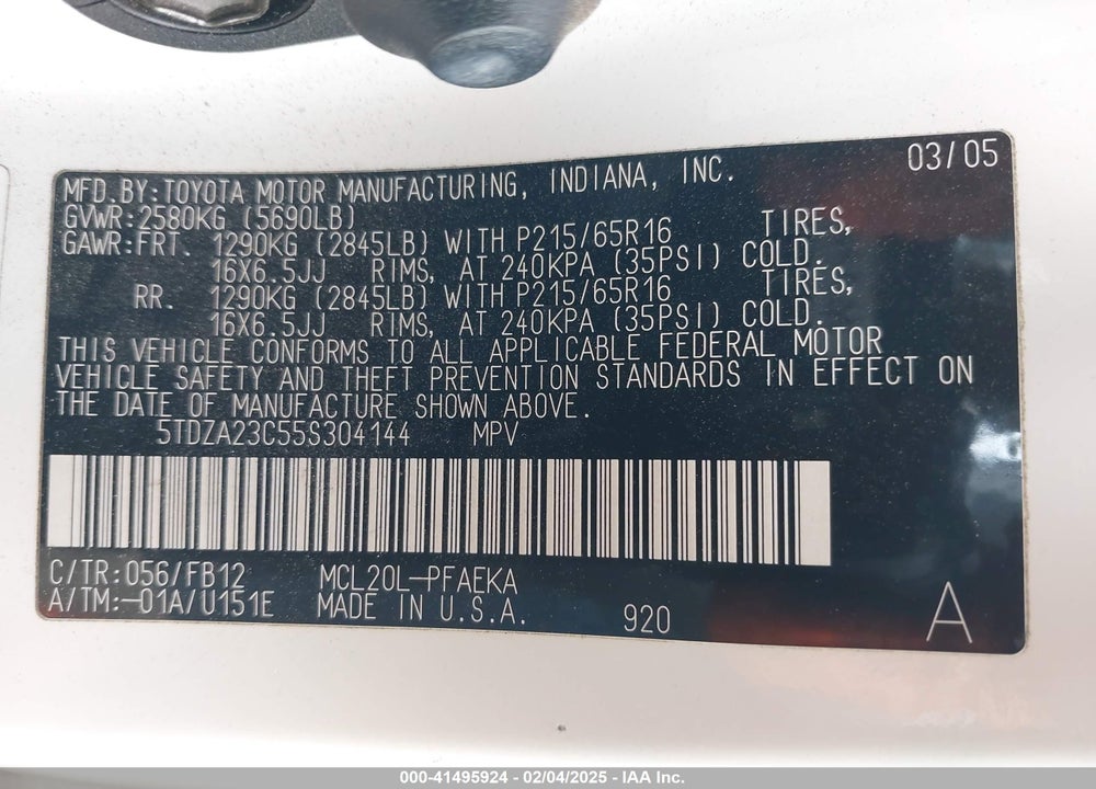 2005 TOYOTA SIENNA VIN: 5TDZA23C55S304144