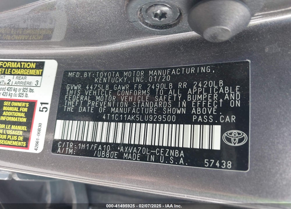2020 TOYOTA CAMRY LE VIN: 4T1C11AK5LU929500