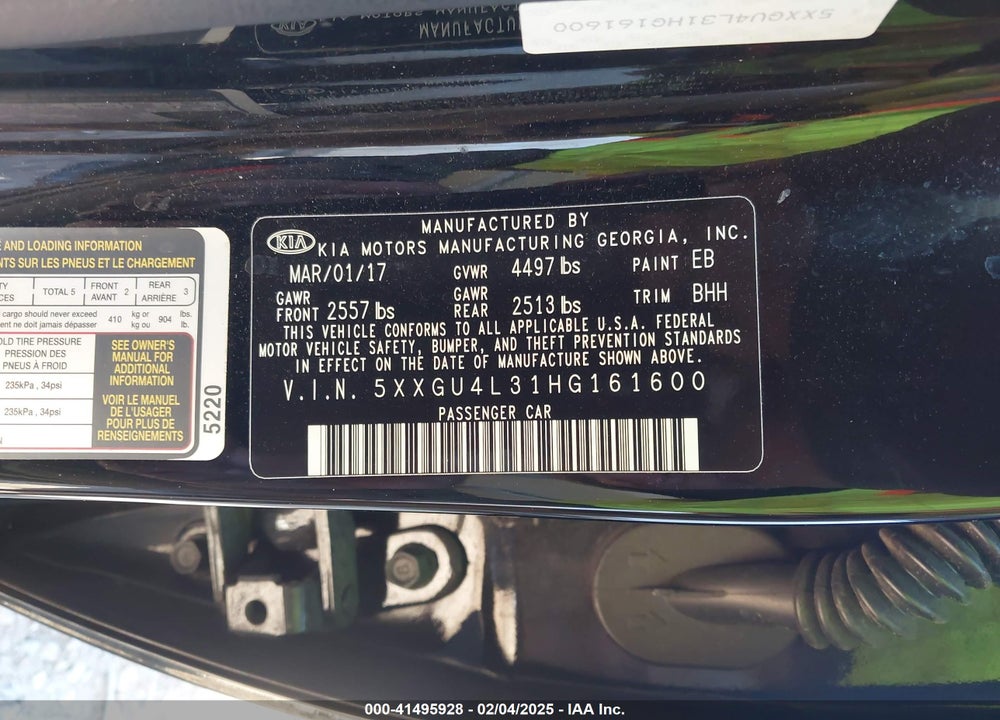 2017 KIA OPTIMA VIN: 5XXGU4L31HG161600