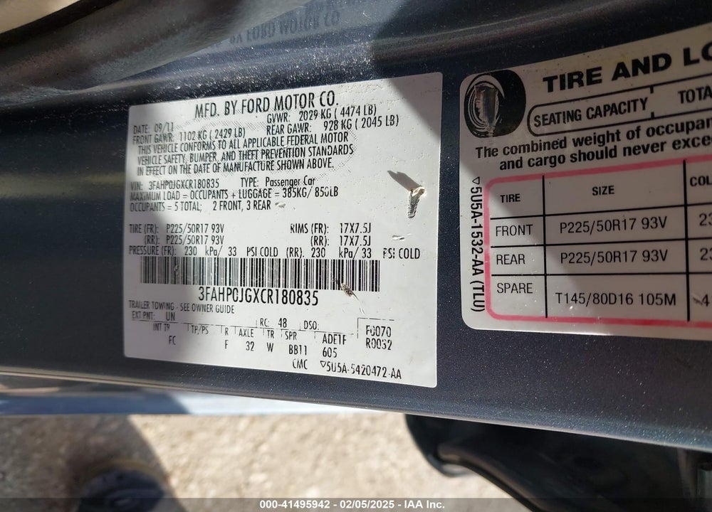 2012 FORD FUSION VIN: 3FAHP0JGXCR180835