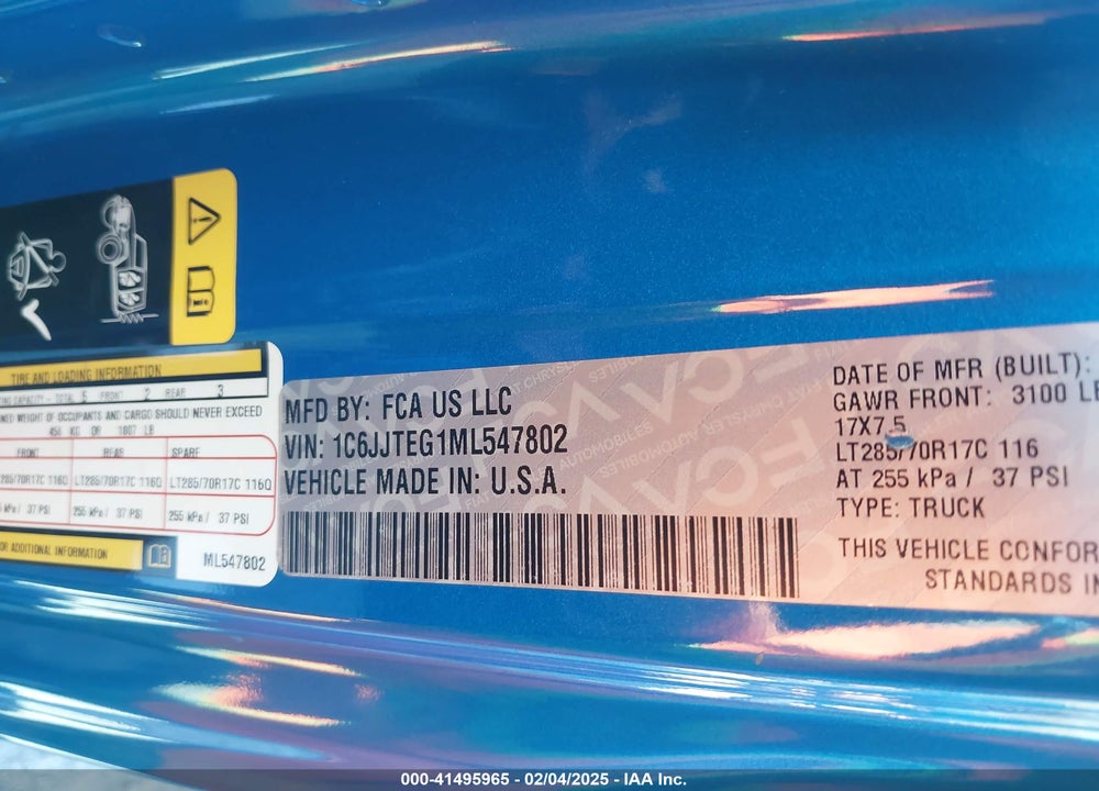 2021 JEEP GLADIATOR VIN: 1C6JJTEG1ML547802
