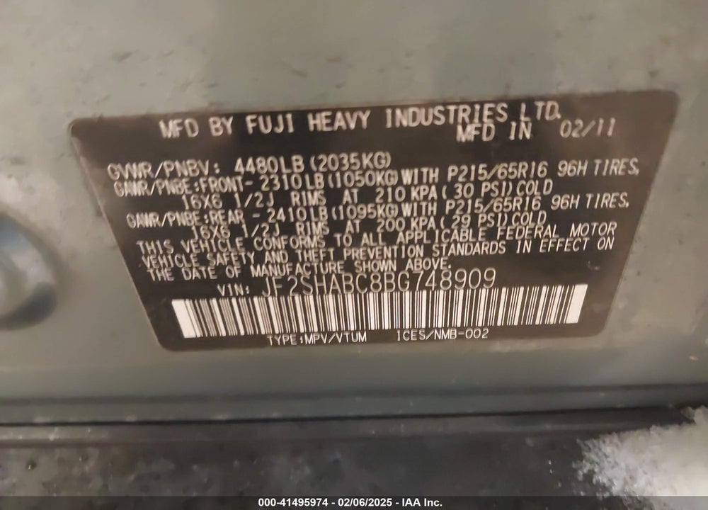 2011 SUBARU FORESTER 2.5X VIN: JF2SHABC8BG748909
