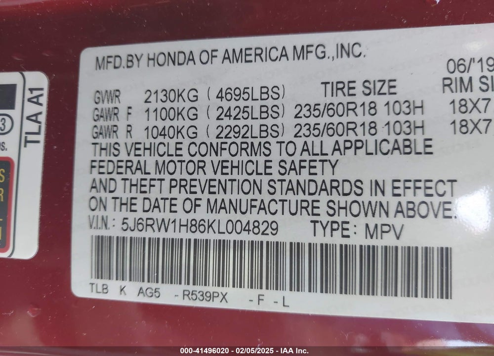 2019 HONDA CR-V VIN: 5J6RW1H86KL004829