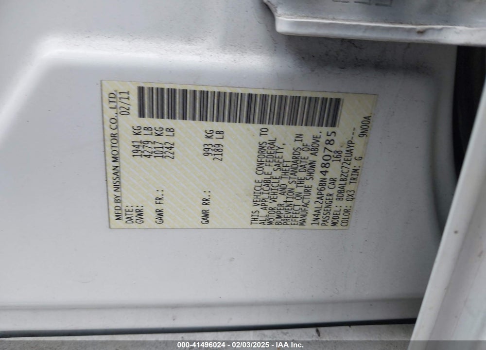 2011 NISSAN ALTIMA VIN: 1N4AL2AP6BN480785