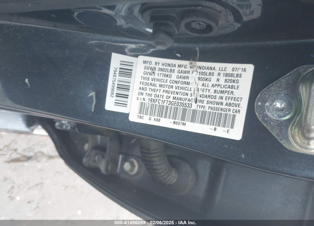 2016 HONDA CIVIC VIN: 19XFC1F73GE035533