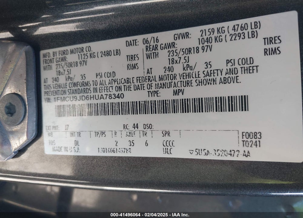 2017 FORD ESCAPE TITANIUM VIN: 1FMCU9JD6HUA78340