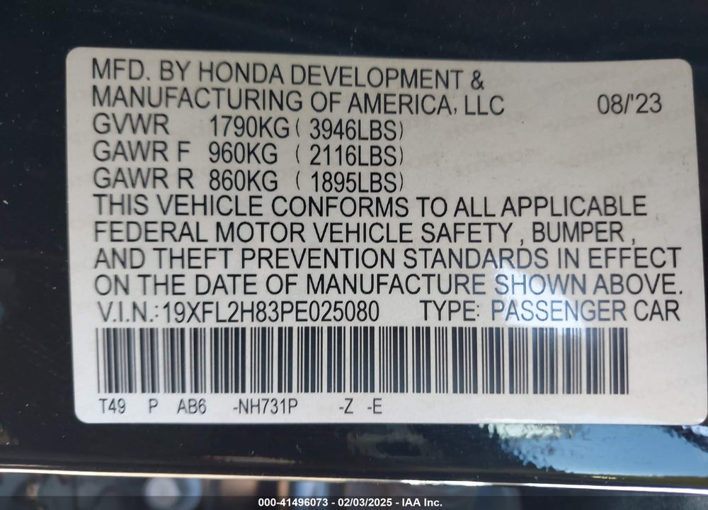 2023 HONDA CIVIC VIN: 19XFL2H83PE025080