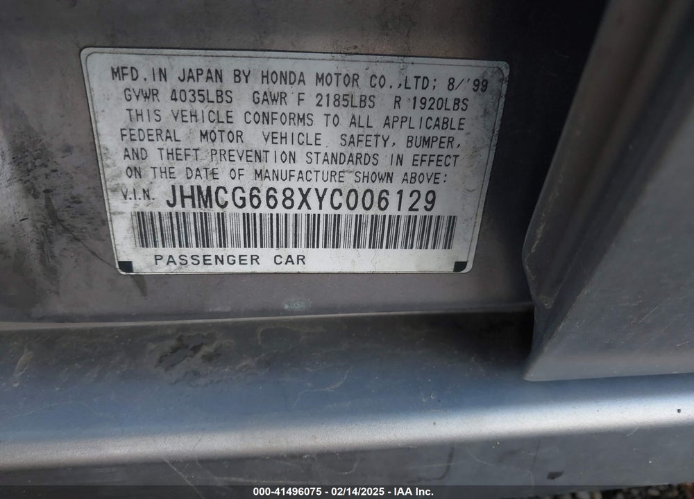 2000 HONDA ACCORD 2.3 EX VIN: JHMCG668XYC006129