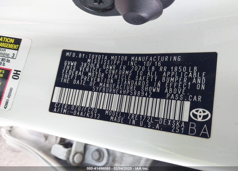 2017 TOYOTA COROLLA VIN: 5YFBURHE4HP588942