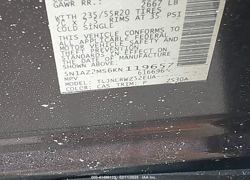 2019 NISSAN MURANO VIN: 5N1AZ2MS6KN119657