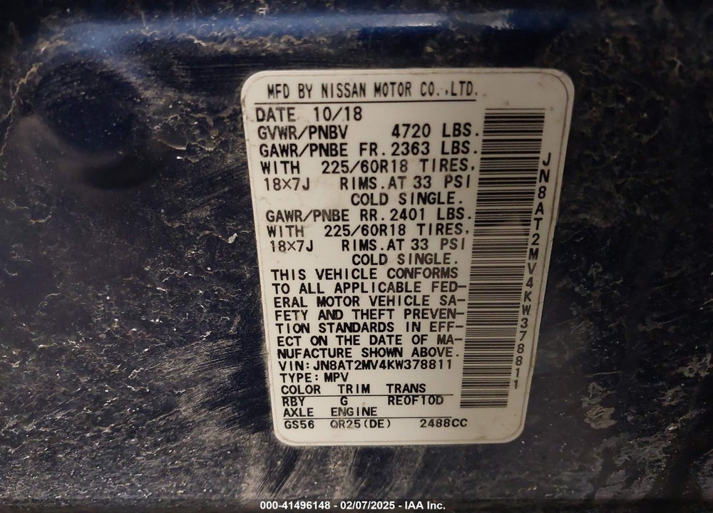 2019 NISSAN ROGUE SV VIN: JN8AT2MV4KW378811