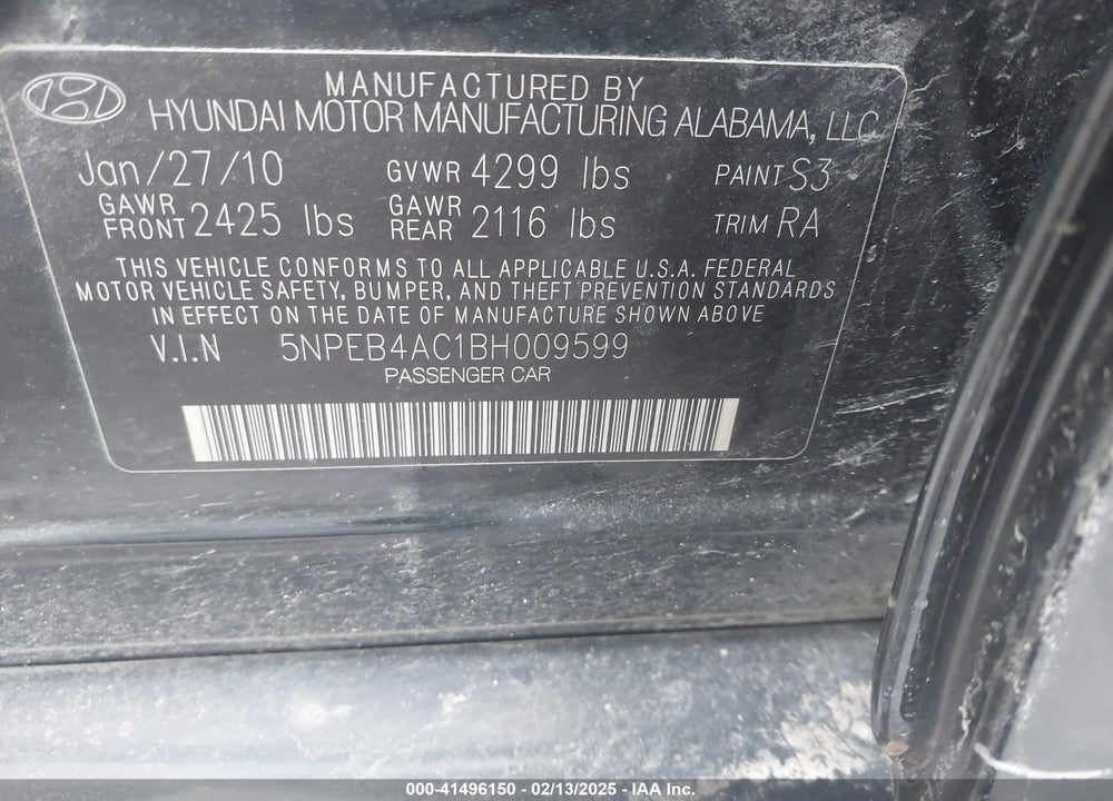 2011 HYUNDAI SONATA GLS VIN: 5NPEB4AC1BH009599